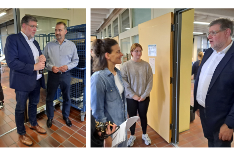 Landrat Fiedler im Gespräch mit Schulleiter Pellens (links) / Landrat Fiedler im Gespräch mit Projektleiterin Springer (rechts)